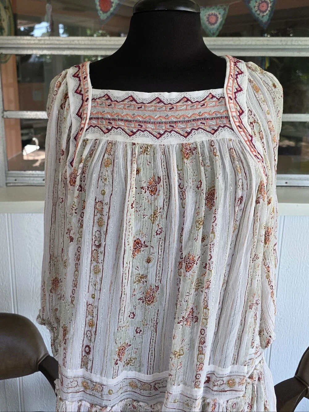 Free People Boho Tunic Mini Dress Sheer Dance Magic Ivory Floral Small